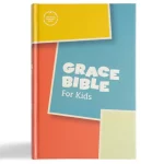 A colorful children's Bible titled "Grace Bible for Kids," featuring a bright cover with geometric shapes in yellow, blue, orange, and white.