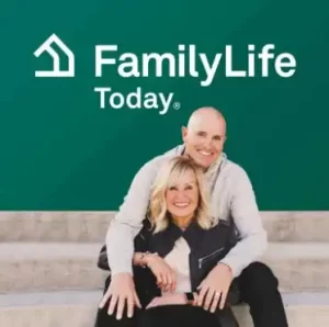 A couple sits on stairs, smiling warmly in front of a green background with "FamilyLife Today" logo. They convey happiness and togetherness.