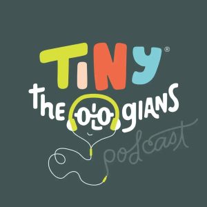 Logo for "Tiny Theologians Podcast" with colorful, playful text and a smiley face wearing yellow headphones.
