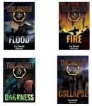 Covers of "The Seven" book series by Troy Schmidt, featuring "Flood," "Fire," "Darkness," and "Collapse," with dramatic imagery reflecting their respective themes.
