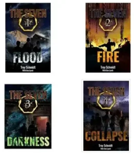 Covers of "The Seven" book series by Troy Schmidt, featuring "Flood," "Fire," "Darkness," and "Collapse," with dramatic imagery reflecting their respective themes.