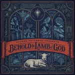 Stylized illustration for “Andrew Peterson Presents Behold the Lamb of God,” featuring stained glass–style panels with biblical scenes: an Egyptian figure and menorah on the left, angel and nativity on the right, radiant star above, and a lamb lying in grass at the center foreground.
