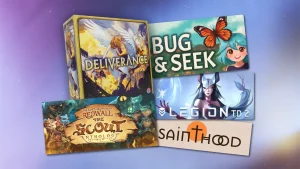 Promotional collage featuring five Christian-made games: Deliverance (a fantasy board game with angelic warriors), Bug & Seek (a whimsical nature-themed digital game), Legion TD 2 (a strategic tower defense game), The Lost Legends of Redwall: The Scout Anthology (a fantasy adventure based on the Redwall series), and Sainthood (a minimalist spiritual-themed game with stylized sun imagery).