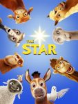 Promotional poster for "The Star" featuring animated animals encircling a glowing central star on a blue background.