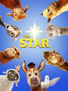 Promotional poster for "The Star" featuring animated animals encircling a glowing central star on a blue background.